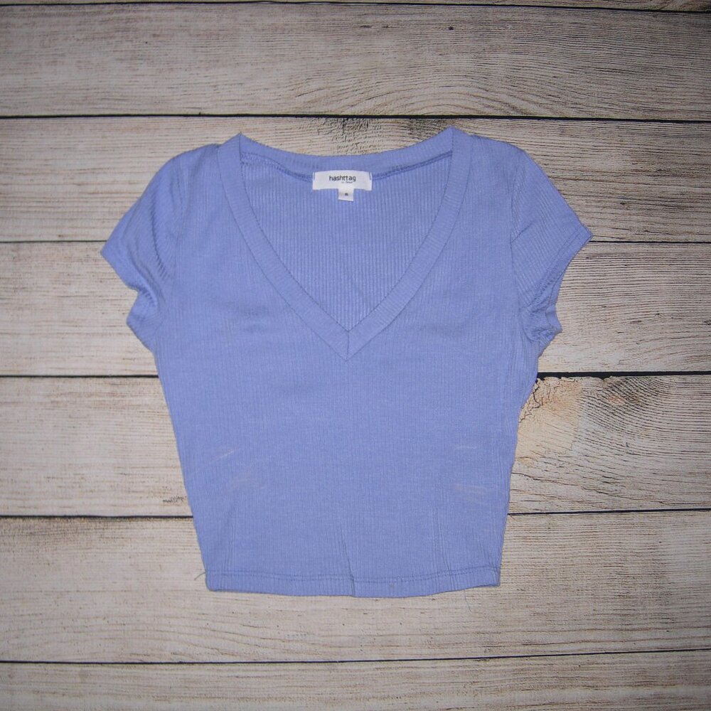 Hashttag Blue Ribbed Cropped Top S